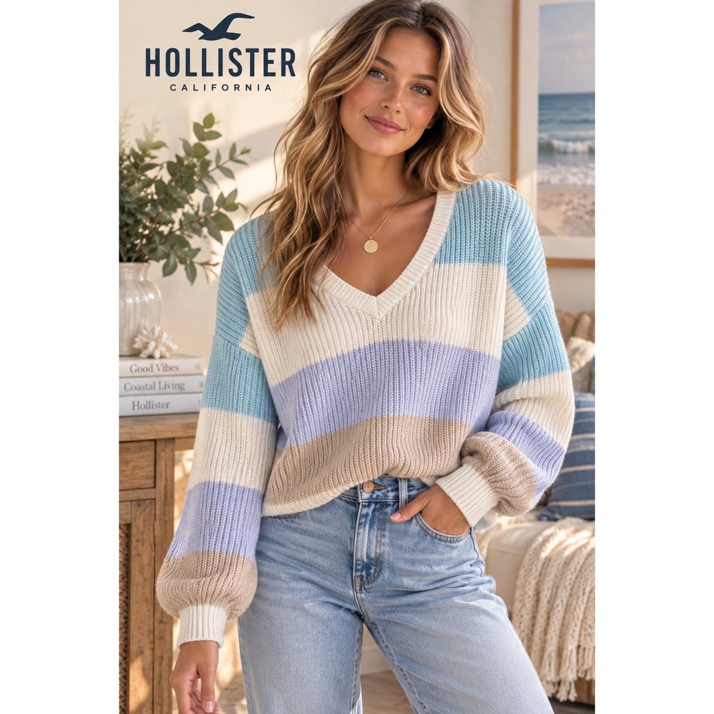 Hollister V-Neck Striped Balloon Sleeve Cropped Ribbed Knit Sweater Blue Large